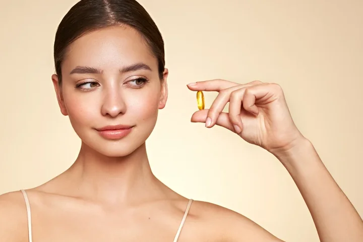 Uśmiechnięta kobieta trzyma żółtą kapsułkę witaminy między palcami i na nią spogląda.