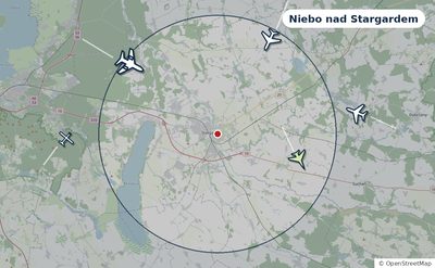 Mapa okolic miasta z sylwetkami samolotów — Niebo nad Stargardem na żywo