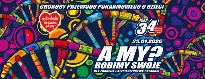 Grafika promocyjna wydarzenia 34. Finał WOŚP w Stargardzie — 25 stycznia 2026