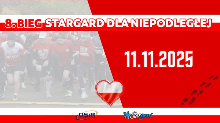 Grafika promocyjna wydarzenia 8. Bieg Stargard dla Niepodległej — wieczorny bieg w Parku Jagiellońskim
