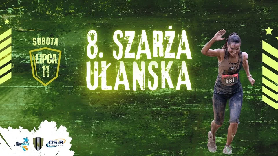 Grafika promocyjna wydarzenia 8. Szarża Ułańska w Stargardzie: błoto, przeszkody i wojskowy klimat na poligonie