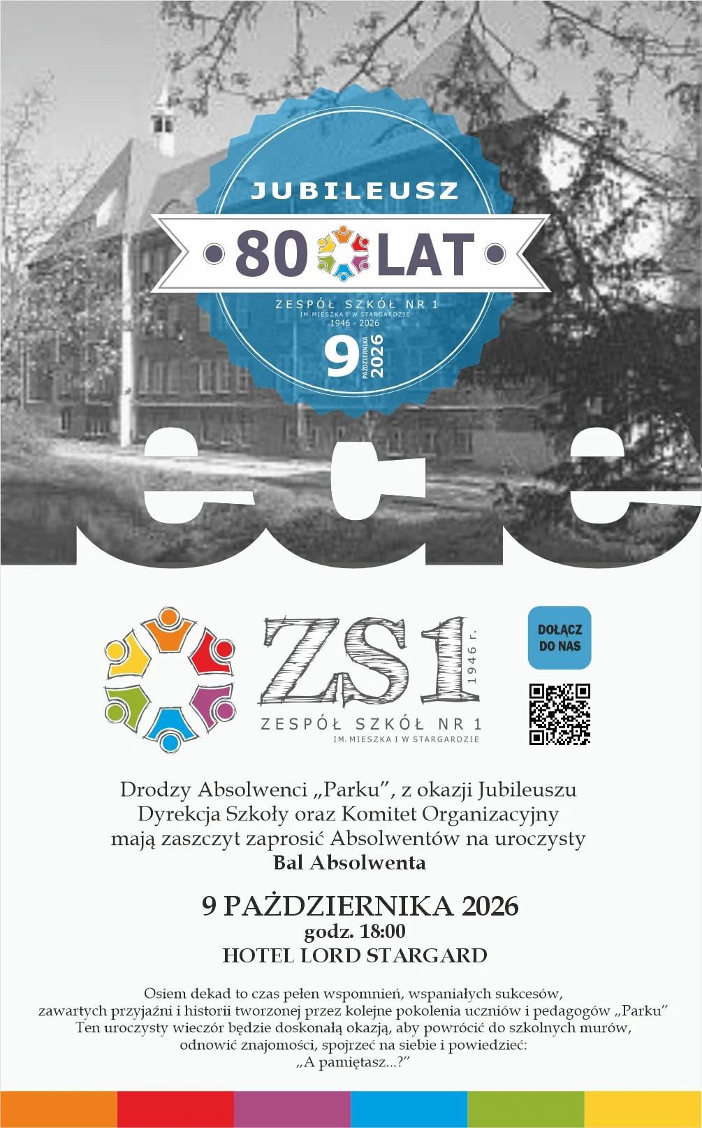 Grafika promocyjna wydarzenia Bal Absolwenta Zespołu Szkół nr 1 w Stargardzie – 80-lecie szkoły