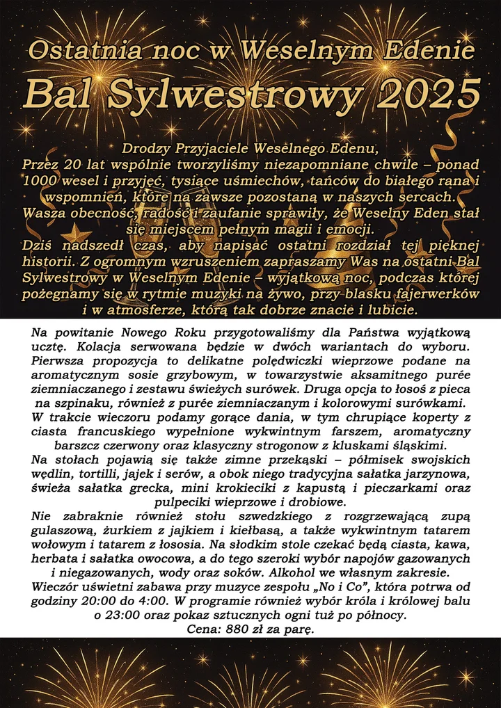 Grafika promocyjna wydarzenia Bal Sylwestrowy 2025/2026 — Weselny Eden