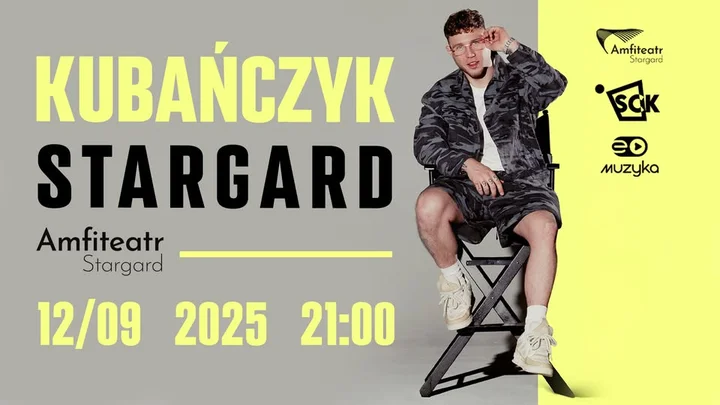 Obrazek przedstawia grafikę promocyjną wydarzenia Kubańczyk wystąpi w Amfiteatrze w Stargardzie