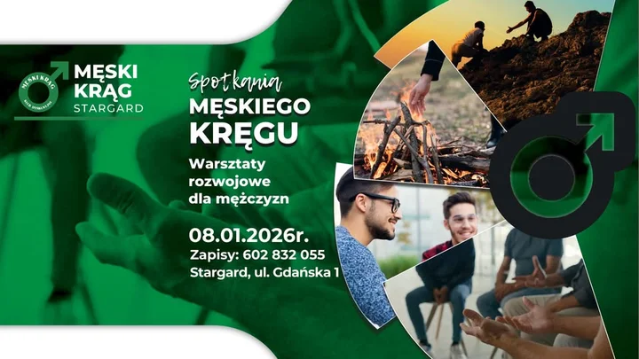 Grafika promocyjna wydarzenia Męski Krąg — warsztaty rozwojowe dla mężczyzn w Stargardzie (8 stycznia)