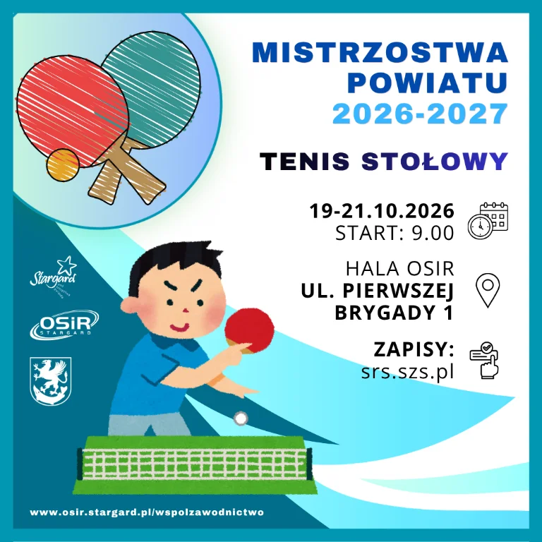 Grafika promocyjna wydarzenia Mistrzostwa Powiatu w tenisie stołowym 2026–2027