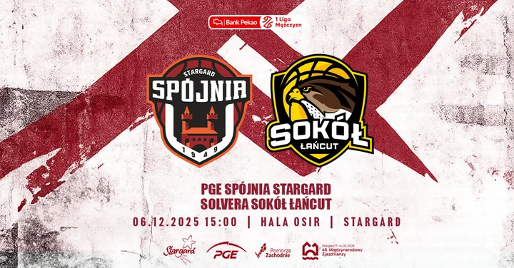 Grafika promocyjna wydarzenia PGE Spójnia Stargard - Solvera Sokół Łańcut w Hali OSiR (6 grudnia 2025)
