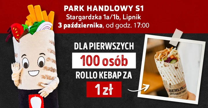 Obrazek przedstawia grafikę promocyjną wydarzenia Promocyjne otwarcie baru kebabowego w Parku Handlowym S1 w Stargardzie