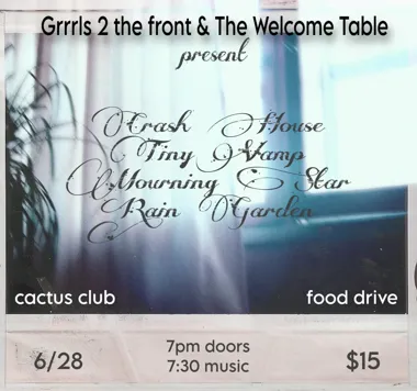 Grafika promocyjna wydarzenia Crash House, Tiny Vamp, Mourning Star i Rain Garden w Milwaukee – koncert 28 czerwca