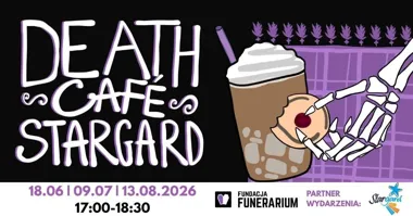 Grafika promocyjna wydarzenia Death Cafe na świeżym powietrzu w Stargardzie z Agnes Tołoczmańską