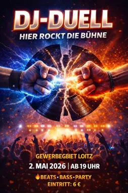 Grafika promocyjna wydarzenia DJ Duell w Loitz — muzyczny wieczór 2 maja 2026