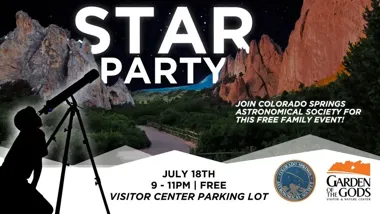 Grafika promocyjna wydarzenia Star Party at Garden of the Gods — nocne obserwacje nieba w Colorado Springs