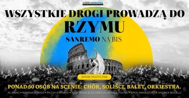 Grafika promocyjna wydarzenia Wszystkie Drogi Prowadzą do Rzymu w Stargardzie — włoski wieczór w Stargardzkim Centrum Kultury