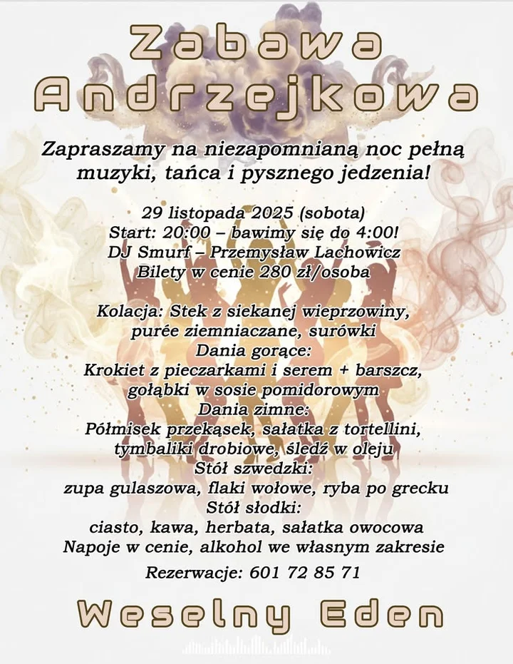 Grafika promocyjna wydarzenia Zabawa Andrzejkowa w Weselnym Edenie — Stargard, 29 listopada 2025