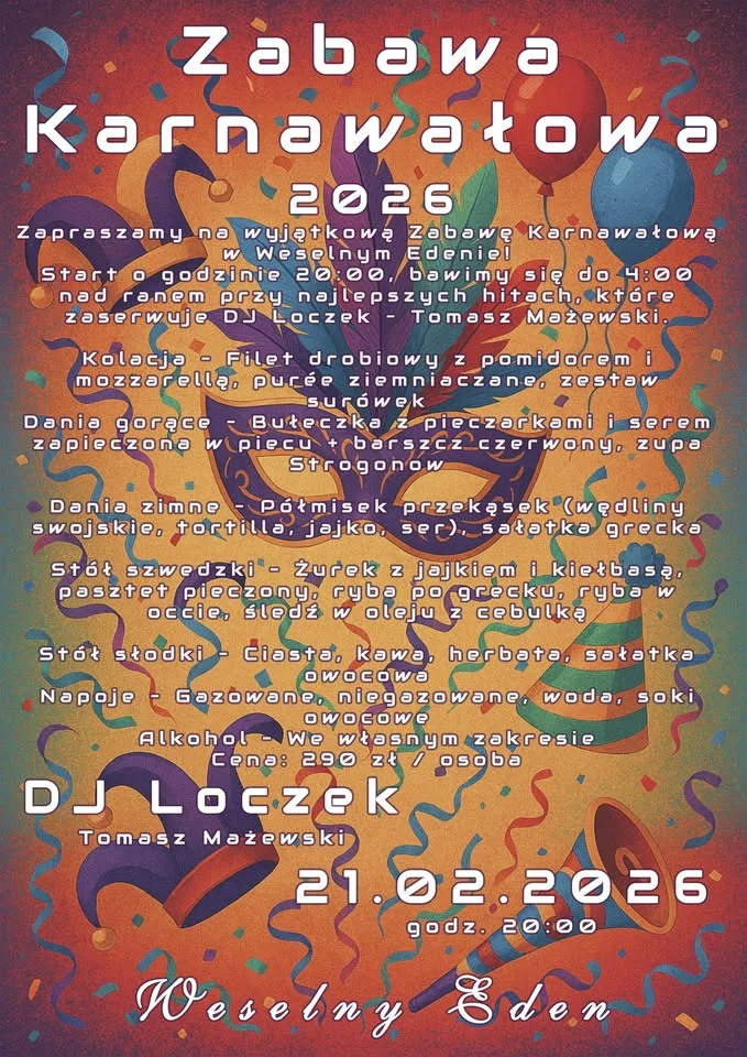 Grafika promocyjna wydarzenia Zabawa Karnawałowa 2026 w Weselnym Eden